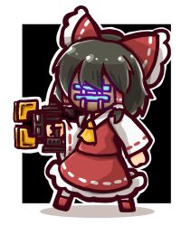 Rule 34 | 1girl, black hair, bow, commentary request, cosplay, dead space, frilled bow, frilled hair tubes, frilled skirt, frills, full body, hair bow, hair tubes, hakurei reimu, highres, holding, isaac clarke, isaac clarke (cosplay), kide koushin, masked, outline, plasma cutter, red bow, red shirt, red shoes, red skirt, ribbon-trimmed sleeves, ribbon trim, shirt, shoes, short hair, sidelocks, skirt, skirt set, solo, touhou, white outline, white sleeves