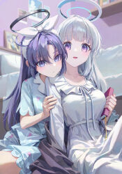 2girls blue_archive book closed_mouth halo highres holding holding_book indoors light_blush long_hair long_sleeves looking_at_viewer multiple_girls nightgown noa_(blue_archive) noa_(pajamas)_(blue_archive) nyamunyamu official_alternate_costume official_alternate_hairstyle open_mouth pajamas photo_(object) purple_eyes purple_hair short_sleeves sitting sleepwear smile white_hair white_nightgown white_pajamas yuuka_(blue_archive) yuuka_(pajamas)_(blue_archive)