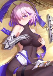 Rule 34 | 1girl, 985033432, absurdres, ahoge, armored boots, armored gloves, blush, bodystocking, boots, breasts, closed mouth, commentary request, covered navel, covering breasts, covering privates, fate/grand order, fate (series), highres, large breasts, lying, mash kyrielight, on back, pink hair, purple eyes, short hair, silver gloves, solo