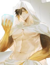 Rule 34 | 1boy, abs, absurdres, black hair, black skin, brown hair, colored skin, genshin impact, gradient hair, hair between eyes, highres, looking at viewer, male focus, matuka10101, multicolored hair, muscular, muscular male, navel, pectorals, simple background, solo, topless male, yellow eyes, yellow skin, zhongli (genshin impact)
