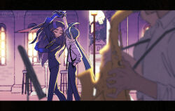 1other 2girls black_hair black_jacket black_pants blue_gloves blurry blurry_foreground closed_eyes dancing depth_of_field feet_out_of_frame geeta_(pokemon) gloves hand_in_pocket head_out_of_frame holding holding_hands holding_instrument indoors instrument jacket letterboxed long_hair multiple_girls music nintendo pants playing_instrument pokemon pokemon_sv rika_(pokemon) saxophone shirt shougo-akira smile twitter_username white_shirt yuri