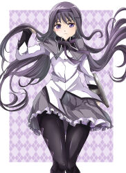 1girl akemi_homura akemi_homura_(magical_girl) argyle_background black_pantyhose border commentary floating_hair frilled_skirt frills frown holding holding_shield long_hair looking_at_viewer magical_girl mahou_shoujo_madoka_magica mahou_shoujo_madoka_magica_(anime) neck_ribbon outside_border pantyhose pleated_skirt purple_background purple_eyes purple_hair purple_ribbon ribbon shield skirt solo v-shaped_eyebrows white_border you_(rururu)