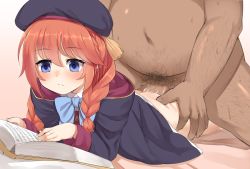 1boy 1girl blue_eyes blue_neckwear blush book bow bowtie braid censored cloak closed_mouth clothed_female_nude_male coat emotionless_sex expressionless fat fat_man gradient_background hat hetero highres long_sleeves lying mosaic_censoring multitasking navel nishiuri nude on_bed on_stomach open_book orange_hair penis pillow pink_background princess_connect! prone_bone pubic_hair purple_coat purple_headwear reading red_hair sex sex_from_behind sweat tassel twin_braids two-sided_cloak two-sided_fabric yuni_(princess_connect!)