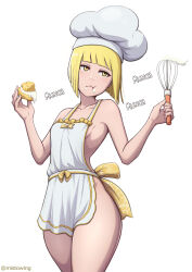 Rule 34 | 1girl, apron, artist name, bare shoulders, beanie, bleach, bleach: sennen kessen-hen, blonde hair, breasts, collarbone, commission, dessert, eating, female focus, food, hat, highres, holding, holding whisk, liltotto lamperd, medium hair, mistowing, naked apron, quincy (bleach), small breasts, sternritter, whisk, yellow eyes