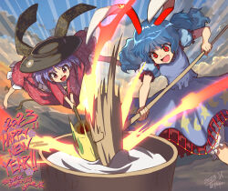 2girls animal_ears barefoot bloomers blue_hair blue_skirt blue_sky chinese_zodiac cloud commentary crescent dated emphasis_lines food japanese_clothes jumping kimono kine long_sleeves mallet medium_hair miracle_mallet mochi mochitsuki motion_blur multiple_girls new_year outdoors puffy_short_sleeves puffy_sleeves purple_hair rabbit_ears red_eyes saucer seiran_(touhou) short_hair short_sleeves sign skirt skirt_set sky star_(symbol) sukuna_shinmyoumaru syope touhou translation_request underwear wide_sleeves year_of_the_rabbit