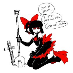 1boy ass back_bow belt belt_buckle black_gloves black_hair bow buckle choker cross dizzyspells earrings english_text full_body garter_straps gloves goth_fashion grave hair_bow holding holding_shovel jewelry long_glove male_focus original red_bow red_eyes scythe_(dizzyspells) short_hair shovel skirt sleeveless solo thighhighs trap