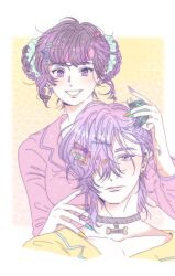 Rule 34 | 1boy, 1girl, 97feather, blush, border, choker, double bun, earrings, fingernails, hair bun, hair over one eye, hair rollers, hashtag-only commentary, highres, jewelry, kpop demon hunters, long fingernails, looking at viewer, mystery (kpop demon hunter), open mouth, pajamas, purple eyes, purple hair, upper body, white border, yellow background, zoey (kpop demon hunters)