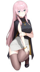 1girl bare_shoulders black_jacket black_shirt black_shoes blue_eyes blue_gemstone bracelet breasts brown_thighhighs closed_mouth crossed_bangs earrings full_body gem gold_necklace hand_on_own_arm hand_on_own_thigh hashtag-only_commentary high_heels highres jacket jacket_on_shoulders jewelry kneeling lapels large_breasts light_blush long_hair looking_at_viewer matsuhisa_(ryo-tsuda1) megurine_luka necklace on_one_knee pencil_skirt pink_hair shirt shirt_tucked_in shoes sidelocks simple_background skirt sleeveless sleeveless_shirt solo straight_hair thick_thighs thighhighs thighs treble_clef turtleneck turtleneck_shirt vocaloid white_background white_skirt