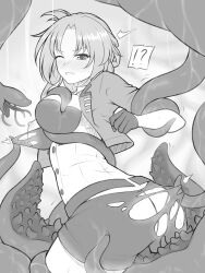 !? 1girl absurdres ass breasts glaring gloves greyscale guardian-panda highres honkai_(series) honkai_impact_3rd jacket large_breasts monochrome murata_himeko murata_himeko_(battle_storm) no_panties one_eye_closed rape scowl shorts solo tentacle_sex tentacles torn_clothes torn_shorts