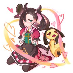 1girl 2024 aqua_eyes artist_name arutarika_(ri_kaoekaki) asymmetrical_bangs black_hair blush closed_eyes full_body gen_3_pokemon gift heart highres holding holding_gift marnie_(palentine&#039;s_2022)_(pokemon) marnie_(pokemon) mawile medium_hair nintendo pokemon pokemon_(creature) pokemon_masters_ex red_eyes sitting sweat twitter_username wariza white_background