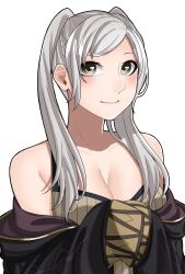 1girl ao_saryaruhu armpit_crease bare_shoulders black_coat breasts brown_eyes cleavage coat collarbone eyelashes female_focus female_robin_(fire_emblem) fire_emblem fire_emblem_awakening hands_up happy highres hood hooded_coat lips long_hair long_sleeves looking_at_viewer looking_to_the_side medium_breasts neck nintendo off-shoulder_coat off_shoulder shirt sidelocks simple_background sleeveless sleeveless_shirt smile swept_bangs twintails upper_body white_background white_hair wide_sleeves