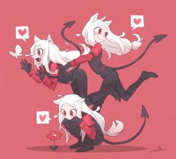 3girls animal_ears arm_garter artist_name black_boots black_gloves black_necktie black_pants black_tail black_vest boots bug butterfly cerberus_(helltaker) closed_mouth demon_girl demon_tail dog_ears dog_girl dress_shirt fang floating flower from_side gloves hands_on_own_knees heart helltaker highres insect leg_up light_frown long_hair long_sleeves looking_back low-tied_long_hair matching_outfits multiple_girls necktie noah_(tettsui-sole) open_mouth pants red_background red_eyes red_shirt shirt shoes signature simple_background smile spoken_heart squatting standing standing_on_one_leg tail triplets vest waistcoat white_butterfly white_hair