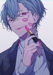 Rule 34 | 1boy, after kiss, black coat, black nails, blue hair, bob cut, coat, curtained hair, earrings, grey sweater, highres, jewelry, lipstick, lipstick mark, looking at viewer, makeup, male focus, moxamog, nose, original, parted lips, pink eyes, pink lips, short hair, simple background, sweater, white background