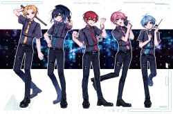 Rule 34 | 5boys, :d, :p, aiming, aiming at viewer, antenna hair, arm behind head, bangs pinned back, baton (weapon), belt, belt buckle, black belt, black choker, black footwear, black hair, black jacket, black pants, blonde hair, blue hair, blue necktie, breast pocket, buckle, choker, city, closed mouth, collar chain (jewelry), cowboy shot, cross-laced footwear, crossed bangs, cuffed, cuffs, danjou sora, english text, finger on trigger, full body, green eyes, green hair, green necktie, gun, hair between eyes, hair intakes, hair ornament, hairclip, hand on own hip, hand up, handcuffs, handgun, harness, highres, holding, holding baton (weapon), holding gun, holding weapon, index finger raised, jacket, knight a, leaf hair ornament, long hair, mahito (utaite), male focus, multicolored hair, multiple boys, necktie, official art, open mouth, outline, pants, parted lips, pendant choker, pink hair, pink necktie, pocket, police, police uniform, policeman, ponytail, purple eyes, red eyes, red hair, red necktie, revolver, shiyun (utaite), shoes, short hair, short sleeves, smile, soma (utaite), standing, standing on one leg, streaked hair, swept bangs, teruto (utaite), thigh belt, thigh strap, tie clip, tongue, tongue out, trigger discipline, utaite, vau (utaite), walkie-talkie, weapon, white background, white outline, yellow eyes, yellow necktie