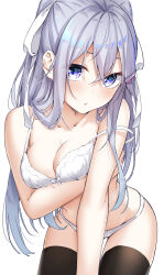 1girl absurdres arm_under_breasts bare_arms bare_shoulders black_thighhighs blush bow bow_bra bra breast_lift breasts cleavage closed_mouth collarbone cowboy_shot crossed_bangs grey_hair hair_between_eyes hair_ornament hair_ribbon hairclip highres kamikakushi_no_eden leaning_forward long_hair looking_at_viewer medium_breasts panties purple_eyes raised_eyebrows ribbon sahara386 shiroi_shizuku simple_background solo strap_slip thighhighs two_side_up underwear underwear_only white_background white_bra white_panties white_ribbon