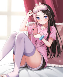1girl bed_sheet black_hair black_nails black_shorts blue_eyes collarbone commentary_request curtains day furrowed_brow highres holding holding_phone hoshino_reiji indoors jewelry knees_together_feet_apart knees_up light_blush light_rays long_hair looking_at_viewer mask mask_on_head multicolored_hair nail_polish necklace on_bed phone pink_hair pink_nails pink_shirt purple_thighhighs shirt short_shorts shorts sitting sleep_mask solo sunbeam sunlight sweatdrop t-shirt tachibana_hinano tachibana_hinano_(5th_costume) thighhighs toeless_legwear toenail_polish toenails two-tone_hair two-tone_nails virtual_youtuber vspo! window