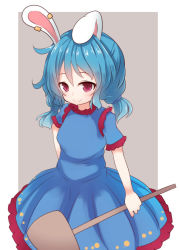 1girl :&gt; animal_ears bad_id bad_pixiv_id beni_shake blue_hair dress earrings female_focus jewelry kine looking_at_viewer low_twintails mallet rabbit_ears red_eyes sash seiran_(touhou) smile solo touhou twintails