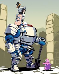 1girl animal armor ass bikini bird black_hair colored_skin helmet highres mecha penguin pink_skin robot ruins sablo sitting swimsuit sword thong weapon