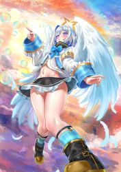 1girl :o abstract_background amane_kanata armband black_boots blue_eyes blue_hair blue_ribbon blue_socks blush boots bubble clothes_writing collared_shirt colored_inner_hair crossed_legs feathered_wings feathers frilled_skirt frills from_below gold_trim grey_hair halo hand_up highres hololive jagoo long_sleeves looking_up multicolored_hair navel open_mouth plaid_clothes plaid_sleeves plaid_socks pointing pointing_at_object ribbon sailor_collar shirt short_hair skirt socks solo sparkle star_halo stomach thighs virtual_youtuber white_sailor_collar white_sleeves wide_sleeves wings yellow_armband