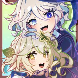 2girls 99_chiri ahoge blue_eyes blue_hair blue_jacket blush braid colored_lineart curly_hair furina_(genshin_impact) genshin_impact green_eyes green_hair hair_between_eyes hair_ornament heterochromia highres hug jacket leaf_hair_ornament long_hair long_sleeves looking_at_viewer multicolored_hair multiple_girls nahida_(genshin_impact) pointy_ears short_hair side_ponytail simple_background smile streaked_hair suit_jacket symbol-shaped_pupils teeth thick_lineart upper_body upper_teeth_only wavy_hair white_hair