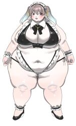 1girl ankle_cuffs bikini black_bikini black_hairband black_shoes blush bow bowtie breasts brown_hair cleavage covered_erect_nipples detached_collar fat fat_woman frilled_bikini frilled_cuffs frilled_hairband frills hair_bow hair_ornament hairband high_heels highleg highleg_bikini highres huge_breasts ki-da_(ipkcte5b0htjned) lips maid maid_bikini maid_headdress medium_hair obese open_mouth original purple_eyes shoes skindentation smile solo standing swimsuit thick_thighs thighs twintails unconventional_maid white_background wide_hips wrist_cuffs