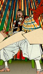 Rule 34 | 1boy, bamboo, bamboo forest, blank eyes, commentary, earrings, fate/grand order, fate (series), forest, full body, gloves, holding, holding scroll, ikezawa shin, japanese clothes, jewelry, male focus, musashibou benkei (fate), nature, official art, open mouth, orange background, puffy pants, red gloves, sandals, scroll, shouting, single earring, solo, teeth, third-party source