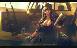 1girl american_flag breasts bright_pupils can cleavage commentary commission drink_can ear_protection english_commentary english_text feathered_wings foreshortening gun highres holding holding_can letterboxed looking_at_viewer low_wings machinery maxturbo69 monster_energy motor_vehicle open_clothes open_shirt original outdoors parted_lips pickup_truck pouch rifle sidelighting sniper_rifle soda_can solo speech_bubble subtitled truck weapon weapon_request white_pupils wings