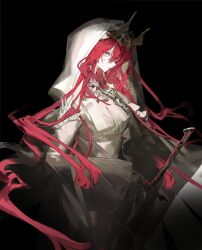 1girl arknights armored_gloves ascalon_(arknights) ascalon_(phototaxis)_(arknights) black_background breasts cape capelet closed_mouth cowboy_shot demon_girl demon_horns dress frilled_sleeves frills from_side gold_horns hair_between_eyes hand_on_own_chest hand_up holding holding_sword holding_weapon hood hood_up hooded_cape horns koio long_hair long_sleeves looking_at_viewer medium_breasts official_alternate_costume orange_eyes pale_skin red_hair solo sword teardrop_facial_mark very_long_hair weapon white_cape white_capelet white_dress wide_sleeves