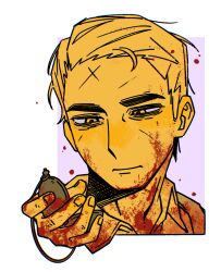 blood blood_on_clothes blood_on_face clock greyscale japan lineart male_focus monochrome non-web_source portrait shirt short_hair