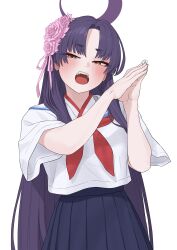 1girl :o absurdres blue_archive blue_skirt blush commentary_request eyeshadow flower hair_flower hair_ornament halo highres long_hair makeup mixed-language_commentary neckerchief okokorika own_hands_together palms_together pelvic_curtain purple_eyes purple_hair red_eyeshadow red_neckerchief school_uniform serafuku shirt short_sleeves skirt solo very_long_hair white_background white_shirt yukari_(blue_archive)