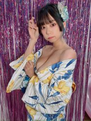 1girl aoyama_hikaru bare_shoulders black_hair breasts cleavage collarbone curtains from_side hair_ornament highres indoors japanese_(nationality) japanese_clothes kimono large_breasts lipstick looking_at_viewer makeup off_shoulder photo_(medium) real_life short_hair standing