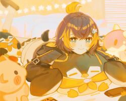 1girl arm_belt black_hair black_hoodie black_slippers blonde_hair crossed_bangs dragoon_(selen_tatsuki) fish_hair_ornament folded_ponytail hair_ornament handheld_game_console highres hood hoodie leg_up long_sleeves looking_at_viewer lying multicolored_hair nijisanji nijisanji_en nintendo_switch on_stomach penguin_tail pentomo_(petra_gurin) petra_gurin petra_gurin_(1st_costume) playstation_vita renkkai rosebud_(rosemi_lovelock) short_hair skirt sleeves_past_fingers sleeves_past_wrists slippers smile star_(symbol) streaked_hair tail twitter_username virtual_youtuber warm_colored white_skirt window_blinds