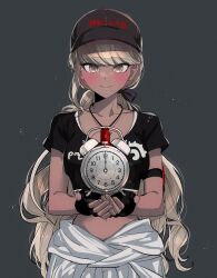 1girl alarm_clock baseball_cap black_gloves black_hat black_shirt blush clock closed_mouth clothes_around_waist commentary dark-skinned_female dark_skin fingerless_gloves gloves grey_eyes hat highres holding holding_alarm_clock jacket jacket_around_waist kawana_tsubasa long_hair looking_at_viewer midriff mole mole_under_mouth palme310 ponytail shirt short_sleeves smile solo symbol-only_commentary the_hundred_line_-last_defense_academy- very_long_hair wavy_hair white_jacket