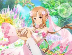 1boy 1girl asuna_(sao) blush brown_eyes brown_hair closed_mouth day dress flower game_cg hair_flower hair_ornament holding_hands jewelry lens_flare long_sleeves looking_at_viewer nail_polish ornate_ring outdoors pink_dress pink_flower pink_nails pointy_ears ring short_hair_with_long_locks sidelocks sleeveless sleeveless_dress smile solo_focus sword_art_online titania_(sao) wedding_dress wedding_ring
