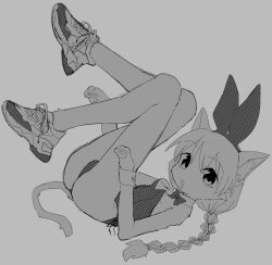 Rule 34 | 1girl, 3yo4yo5yo, akane (3yo4yo5yo), animal ears, animal hands, ass, bow, bowtie, braid, breasts, cat ears, cat girl, cat tail, detached collar, grey background, greyscale, highres, kittysuit, leotard, long hair, monochrome, nontraditional playboy bunny, original, pawpads, playboy bunny, rabbit ears, shoes, simple background, small breasts, sneakers, tail, twin braids, wrist cuffs