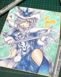 Rule 34 | 1girl, bare hips, blue dress, blush, dress, duel monster, gloves, grey hair, hat, highres, hip vent, holding, holding staff, ichinose haruka, long hair, marker (medium), open mouth, photo (medium), purple eyes, silent magician, staff, sweatdrop, tabard, traditional media, white gloves, white hat, white tabard, wizard hat, yu-gi-oh!