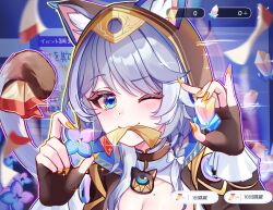 1girl ;) absurdres animal_ears animal_hood black_gloves blue_eyes breasts cat_ears cat_girl cat_hood cat_tail cipher_(honkai:_star_rail) cleavage commentary_request crystal fingerless_gloves gameplay_mechanics gloves grey_hair highres holding holding_crystal honkai:_star_rail honkai_(series) hood large_breasts mole mole_on_breast mouth_hold nekoto_728 one_eye_closed short_hair smile solo tail ticket upper_body yellow_nails