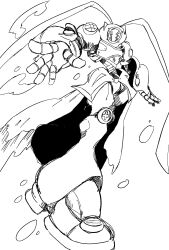 Rule 34 | amphimon, android, armor, bubble, digimon, digimon (creature), diving suit, full armor, highres, looking at viewer, megane mochi, monochrome, open hand, robot girl, underwater