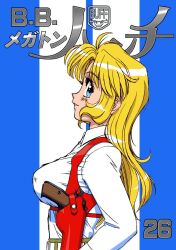 Rule 34 | 1girl, blonde hair, blue eyes, breasts, cover, gun, handgun, holster, large breasts, long hair, looking at viewer, official art, rally vincent (riding bean), riding bean, smile, solo, sonoda ken&#039;ichi, weapon