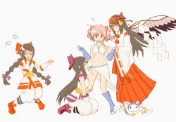 Rule 34 | 4girls, ainu clothes, akemi homura, bikini, black hair, braid, breasts, cosplay, feet, fingerless gloves, flying sweatdrops, gloves, hair ribbon, highres, japanese clothes, kaname madoka, kyubey, large breasts, legs, long hair, long skirt, mahou shoujo madoka magica, majikina mina, medium breasts, miko, multiple girls, murasaki nakoruru, nakoruru, navel, open mouth, pink eyes, pink hair, purple eyes, rashoujin mizuki, ribbon, samurai spirits, sarong, sitting, skirt, snk, swimsuit, thighs, tongue, twin braids, twintails, white bikini