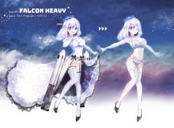 1girl :d ajisai-san_(pokkusu) american_flag armpits bare_shoulders black_garter_straps blue_eyes blush breasts character_name reference_sheet cloud crown dress elbow_gloves english_text falcon_heavy falcon_heavy_(project_rocket_girls) full_body garter_straps gloves hair_between_eyes hand_on_own_chest high_collar lace lace-trimmed_dress lace_trim large_breasts long_dress medium_hair midriff mini_crown navel night night_sky one_eye_closed open_mouth outdoors outstretched_arms panty_straps print_legwear project_rocket_girls rocket see-through_clothes see-through_skirt short_shorts shorts skirt skirt_hold sky smile spacex split_mouth sports_bra spread_arms standing standing_on_one_leg star_(sky) starry_sky striped_clothes striped_headwear swept_bangs tattoo thighhighs thong united_states variations white_gloves white_hair white_sports_bra white_thighhighs zettai_ryouiki