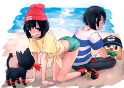 1boy 1girl all_fours beanie black_hair black_hat blue_eyes capri_pants creatures_(company) elio_(pokemon) facing_away floral_print game_freak gen_7_pokemon hat highres kneeling kougo_ken litten looking_at_another looking_back looking_down nintendo open_mouth pants player_character pokemon pokemon_(creature) pokemon_sm red_hat rowlet selene_(pokemon) shirt shoes short_hair short_shorts shorts sitting sneakers striped_clothes striped_shirt swept_bangs t-shirt tied_shirt wide_sleeves