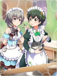2girls 5p_(opi_32) apron arm_behind_back battle_girl_high_school black_ribbon blue_eyes blush bowl cooking earrings eyelashes finger_on_another&#039;s_head food food_on_face green_eyes green_hair green_ribbon grey_hair highres icing jewelry kitchen looking_at_another maid_headdress multiple_girls narumi_haruka open_mouth ribbon short_hair smile sparkle wakaba_subaru whisk white_apron yuri