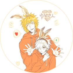 Rule 34 | 2boys, aged down, animal ears, blonde hair, blush, closed eyes, fake animal ears, hatake kakashi, heart, hood, hoodie, long sleeves, male focus, mole, mole under mouth, multiple boys, namikaze minato, naruto (series), naruto shippuuden, scar, scar across eye, scar on face, spoken heart, vosovic