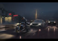 1other absurdres black_gloves black_jacket bmw building bus car commentary_request gloves helmet highres jacket leather leather_jacket license_plate mercedes-benz motor_vehicle motorcycle motorcycle_helmet night night_sky on_motorcycle original reflection riding road russian_commentary scenery sky sports_utility_vehicle tokyo_(city) tokyo_tower toyota vehicle_request white_car yukikaze_supersylph