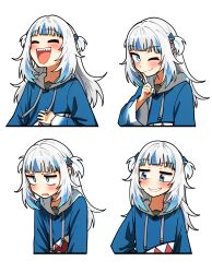 1girl ;) absurdres blue_eyes blue_hair blue_hoodie blue_nails blush closed_eyes closed_mouth ddolbang gawr_gura gawr_gura_(1st_costume) hair_ornament hand_on_own_chest highres hololive hololive_english hood hood_down hoodie index_finger_raised long_hair long_sleeves multicolored_hair multiple_expressions multiple_views nail_polish one_eye_closed open_mouth sharp_teeth short_twintails smile teeth transparent_background twintails two-tone_hair upper_body virtual_youtuber white_hair