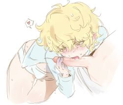 2boys alien_stage blonde_hair blue_shirt blush bulge colored_extremities colored_eyelashes curly_hair erection fellatio full-face_blush handjob heart highres koinurin licking licking_penis long_sleeves luka_(alien_stage) male_focus multiple_boys oral panties penis penis_grab sex shirt short_hair shota simple_background solo_focus sweat tongue tongue_out underwear white_background white_panties yaoi yellow_eyes