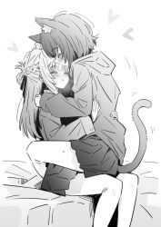 2girls animal_ear_fluff animal_ears blush braid cat_ears cat_girl cat_tail closed_eyes commentary greyscale half_up_braid heart highres hood hood_down hoodie hug jacket kemonomimi_mode long_hair lwmina70119 miyagi_shiori monochrome multiple_girls open_mouth pleated_skirt sendai_hazuki short_hair shuuniichido_classmate_wo_kau_hanashi sidelocks sitting sitting_on_lap sitting_on_person skirt sweatdrop tail yuri