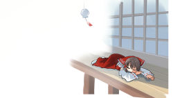 1girl bow chamaji commentary_request detached_sleeves closed_eyes hair_bow hair_tubes hakurei_reimu highres lying medium_hair nontraditional_miko outdoors porch red_shirt ribbon_trim shirt shouji sleeping sleeveless sleeveless_shirt sliding_doors socks solo touhou veranda wide_sleeves wind_chime yin_yang yin_yang_print