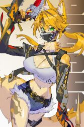 1girl animal_ear_fluff animal_ears arm_up bare_shoulders belt black_belt black_choker black_jacket black_mask blonde_hair blue_shorts body_fur breasts brown_fur cat_ears cat_girl cat_tail character_name choker cleavage cleavage_cutout clothing_cutout commentary covered_mouth cowboy_shot crop_top denim denim_shorts fingerless_gloves fur-trimmed_shorts fur_trim furry furry_female gloves green_eyes gun highres holding holding_gun holding_weapon jacket lace-up_sleeves large_breasts long_hair looking_at_viewer mask mouth_mask multicolored_fur navel neck_fur ponytail pulchra_fellini rukomata_99 shirt short_shorts shorts solo spiked_jacket stomach tail weapon white_shirt yellow_fur zenless_zone_zero